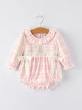 Pink Plaid Ruffle Ballet Shoe Embroidery Long Sleeve Romper - 7
