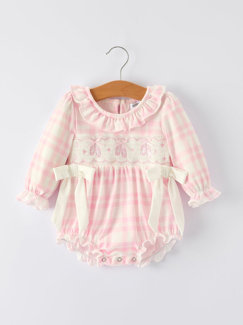 Pink Plaid Ruffle Ballet Shoe Embroidery Long Sleeve Romper - 7