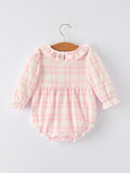 Pink Plaid Ruffle Ballet Shoe Embroidery Long Sleeve Romper - 8