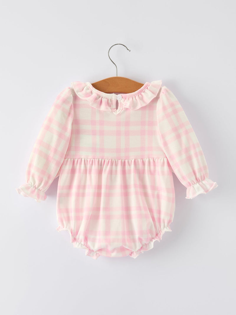 Pink Plaid Ruffle Ballet Shoe Embroidery Long Sleeve Romper - 8