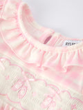 Pink Plaid Ruffle Ballet Shoe Embroidery Long Sleeve Romper - 9