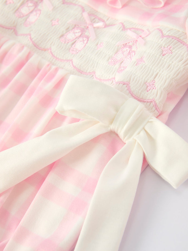 Pink Plaid Ruffle Ballet Shoe Embroidery Long Sleeve Romper - 10