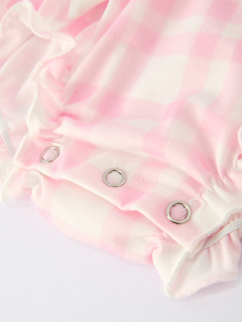 Pink Plaid Ruffle Ballet Shoe Embroidery Long Sleeve Romper - 11