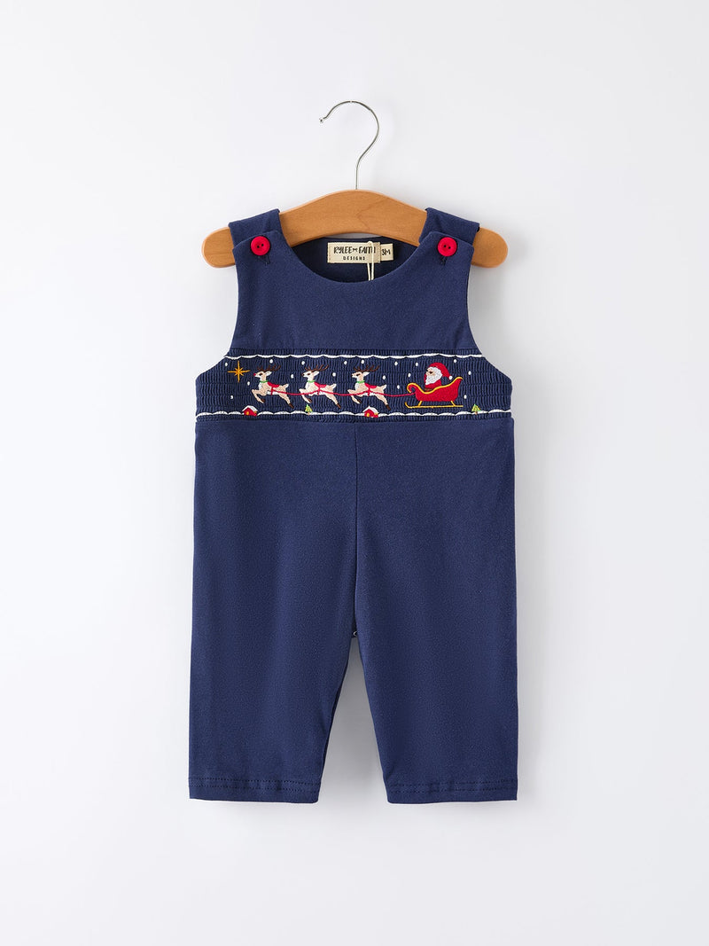 Christmas Holiday Celebration Baby Boys Romper: Navy with Santa Sleigh - 1