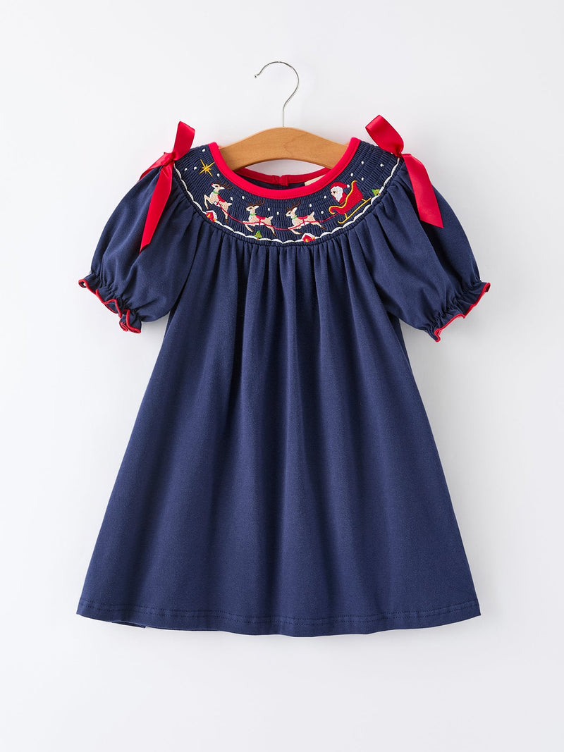 Christmas  Holiday Celebration Dress: Navy with Santa Sleigh - 5