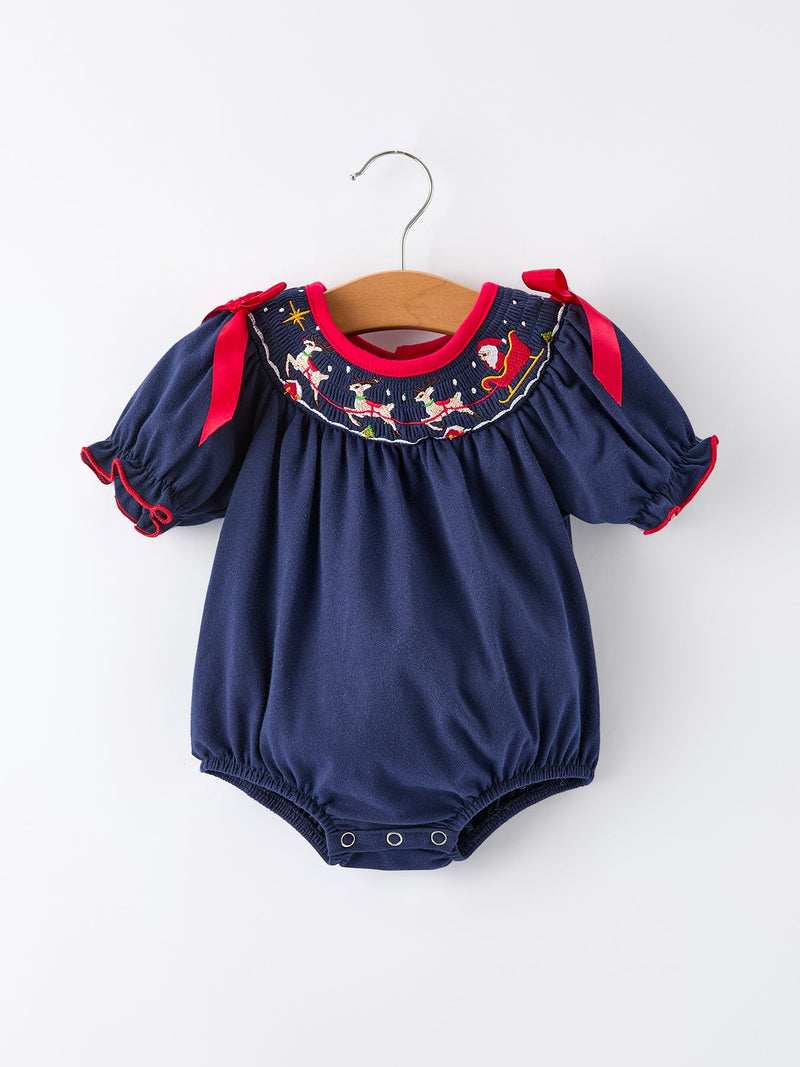 Christmas Holiday Celebration Baby Girls Romper: Navy with Santa Sleigh - 1
