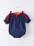 Christmas Holiday Celebration Baby Girls Romper: Navy with Santa Sleigh - 2