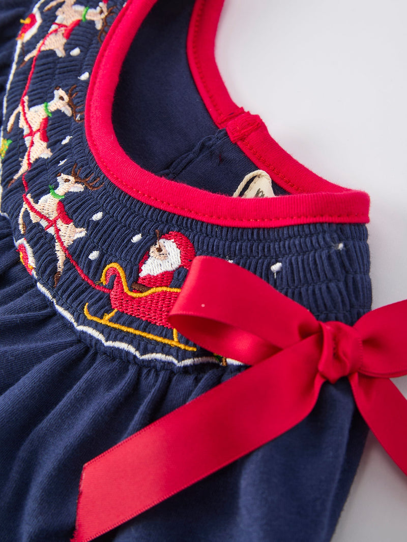 Christmas Holiday Celebration Baby Girls Romper: Navy with Santa Sleigh - 3