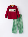 Christmas Tree Dog Smocking Embroidered  Plaid Boys Set - 8