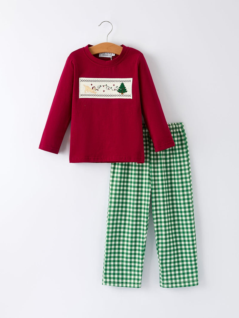 Christmas Tree Dog Smocking Embroidered  Plaid Boys Set - 8