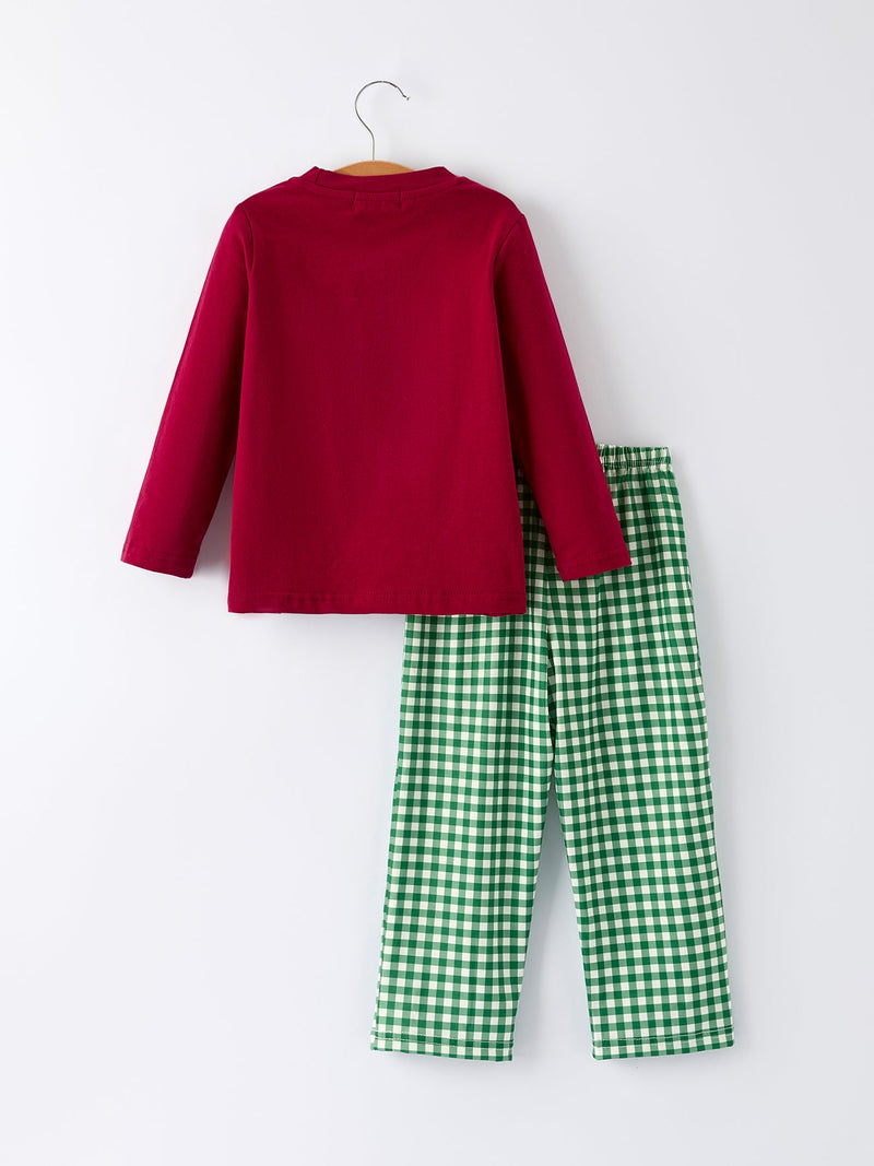 Christmas Tree Dog Smocking Embroidered  Plaid Boys Set - 9