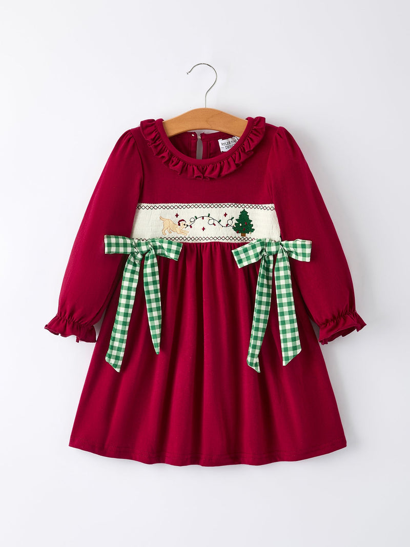 Christmas Smocking Embroidered Girls Dress with Green Plaid Bow - 7