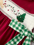 Christmas Smocking Embroidered Girls Dress with Green Plaid Bow - 9