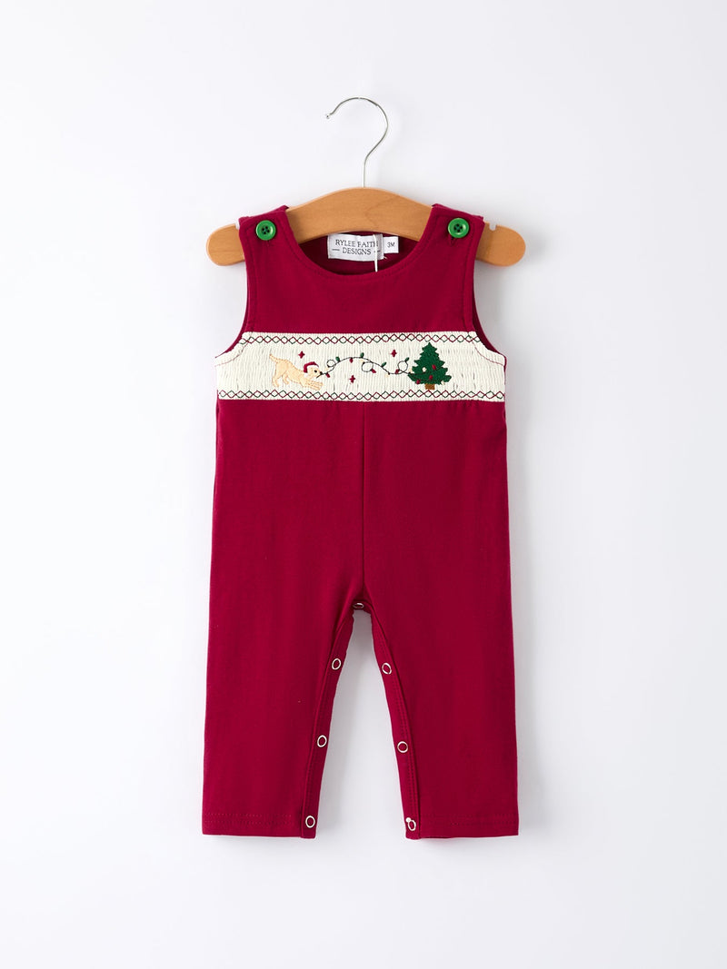 Christmas Tree Dog Smocking Embroidered Baby Boys Romper - 7