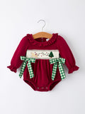 Christmas Embroidered Baby Girls Romper with Green Plaid Bow - 7