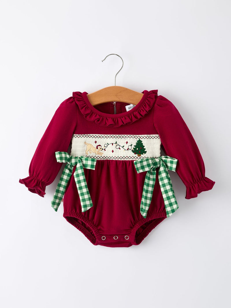 Christmas Embroidered Baby Girls Romper with Green Plaid Bow - 7