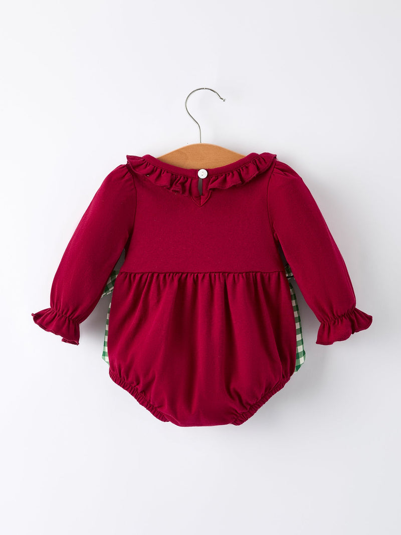 Christmas Embroidered Baby Girls Romper with Green Plaid Bow - 8
