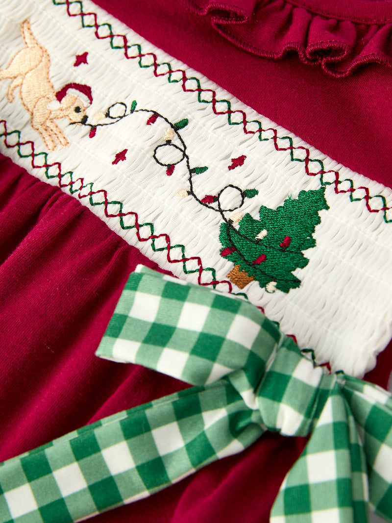 Christmas Embroidered Baby Girls Romper with Green Plaid Bow - 9