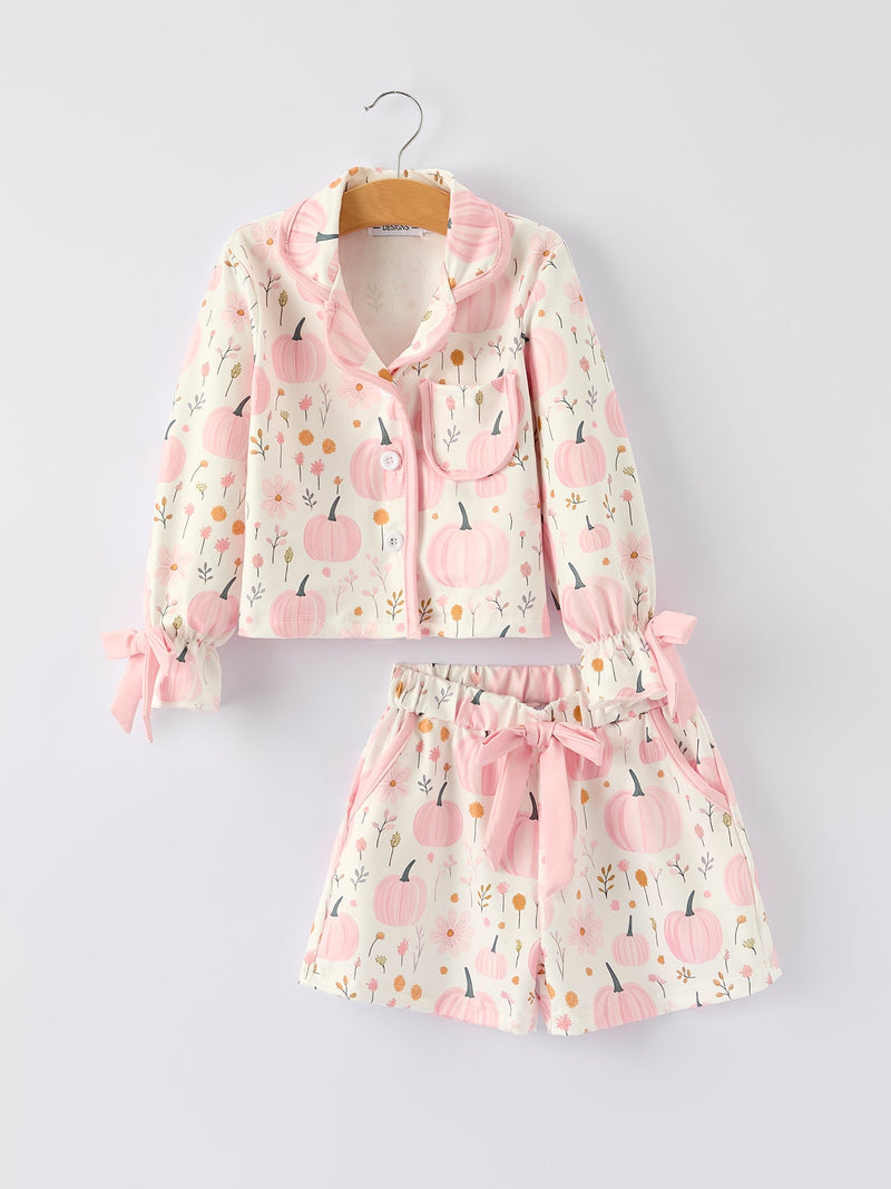 Thanksgiving Pink Pumpkin Floral Print Pajama Set - 1