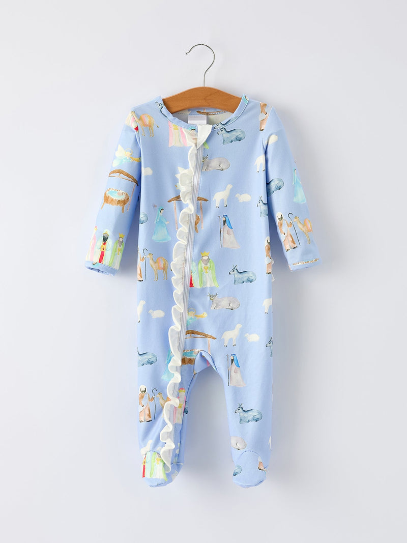 Blue Christmas Nativity Pattern Baby Girls Romper with Ruffles - 1