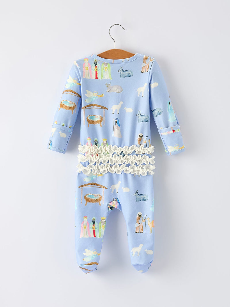 Blue Christmas Nativity Pattern Baby Girls Romper with Ruffles - 2
