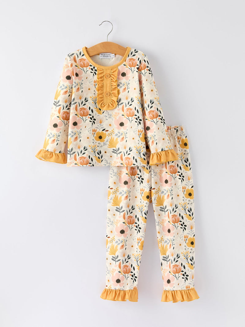 Fall Floral Print Girls Pajamas Set with Ruffle Details - 1