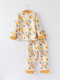 Fall Floral Print Girls Pajamas Set with Ruffle Details - 2