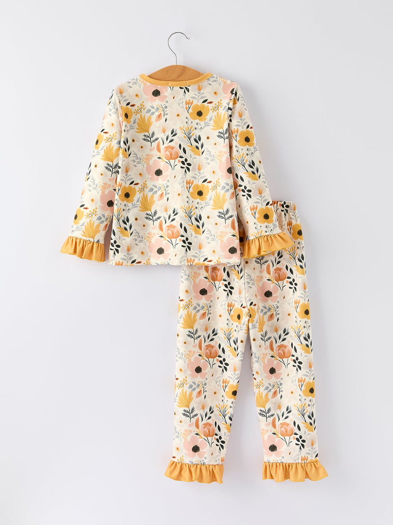 Fall Floral Print Girls Pajamas Set with Ruffle Details - 2
