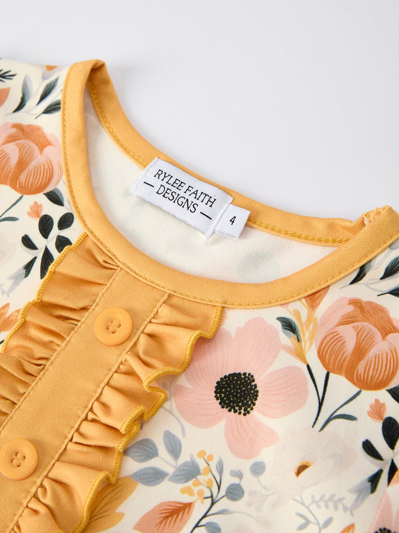 Fall Floral Print Girls Pajamas Set with Ruffle Details - 4