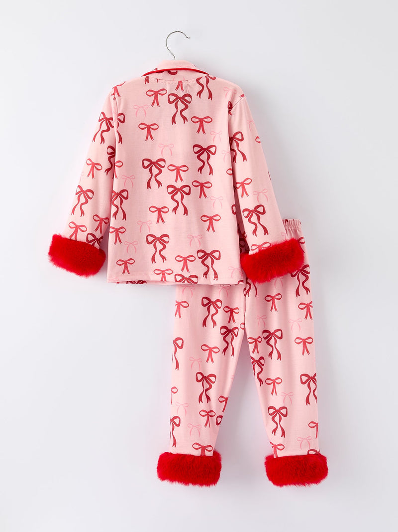 Bow Girls Pajama Set with Furry Trim - 7