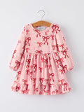 Pink Bow Print Girls Dress with Ruffle Hem - 6
