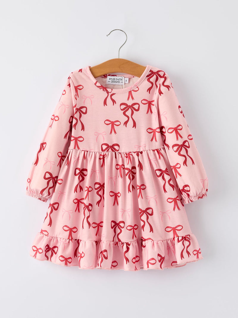 Pink Bow Print Girls Dress with Ruffle Hem - 6