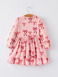 Pink Bow Print Girls Dress with Ruffle Hem - 7
