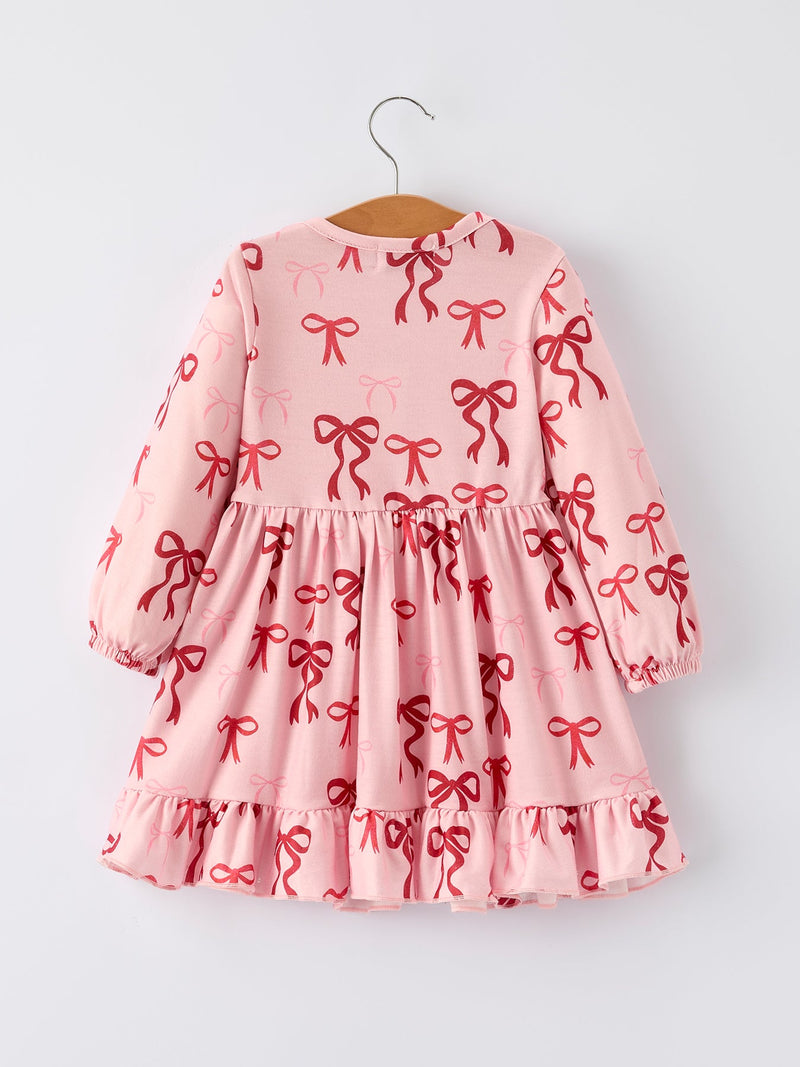 Pink Bow Print Girls Dress with Ruffle Hem - 7