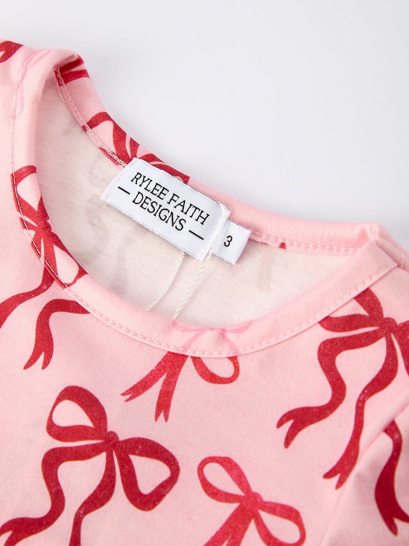 Pink Bow Print Girls Dress with Ruffle Hem - 8