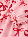 Pink Bow Print Girls Dress with Ruffle Hem - 9