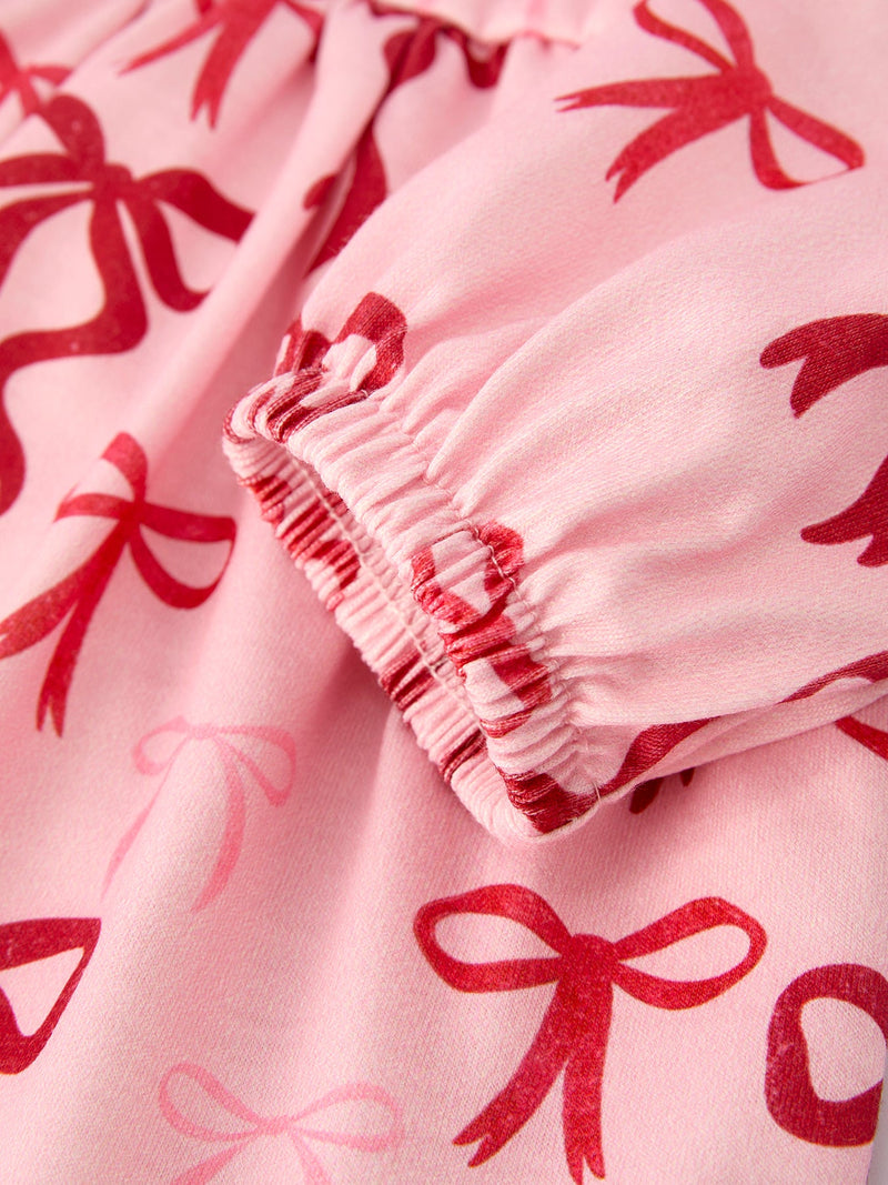 Pink Bow Print Girls Dress with Ruffle Hem - 9