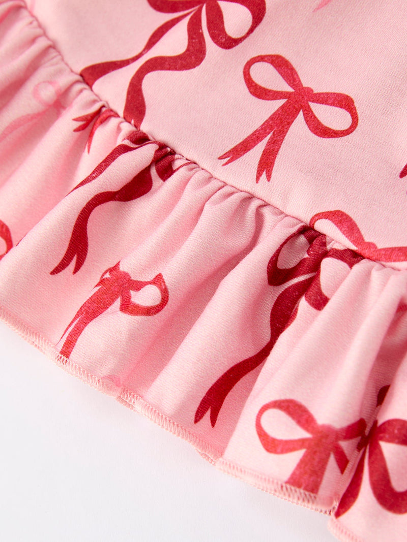 Pink Bow Print Girls Dress with Ruffle Hem - 10