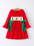 Christmas Smocked Dress with Green Bow and Tree Embroidery - 7