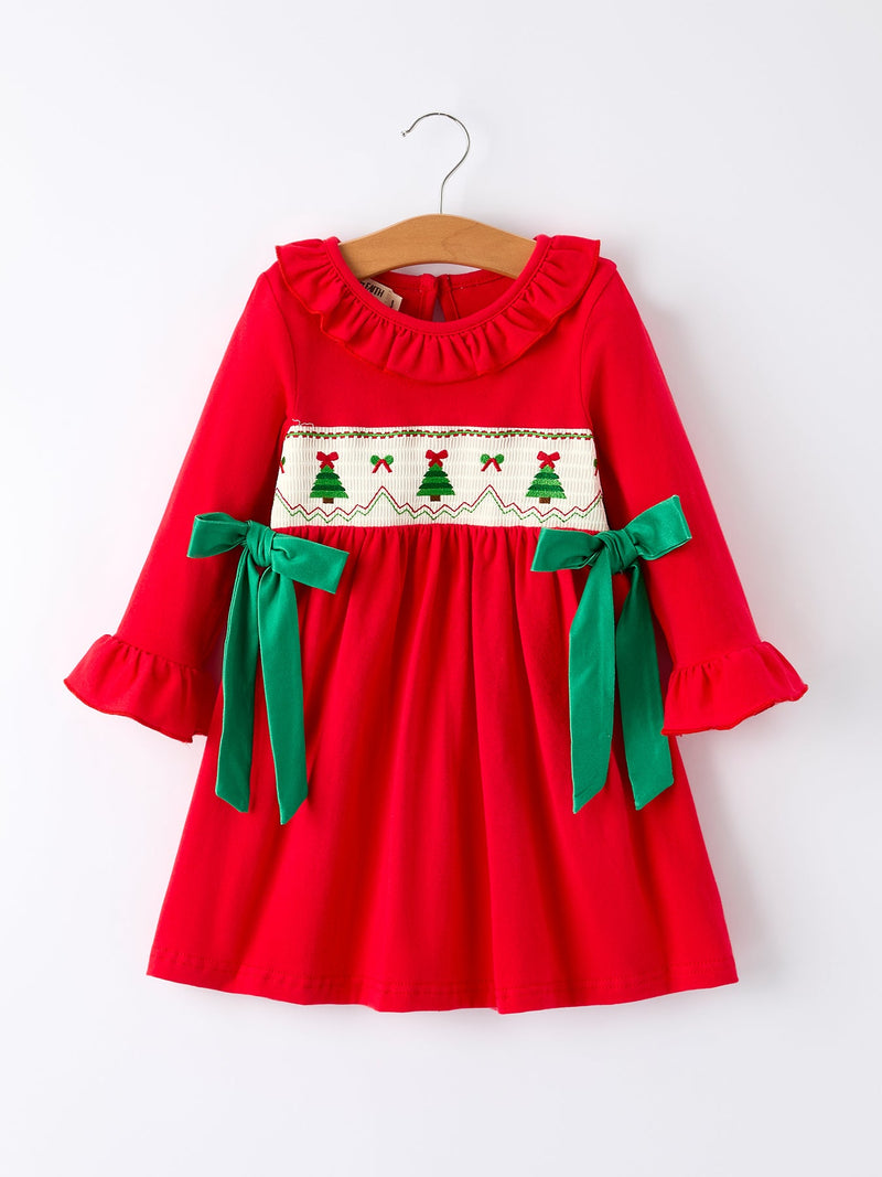 Christmas Smocked Dress with Green Bow and Tree Embroidery - 7