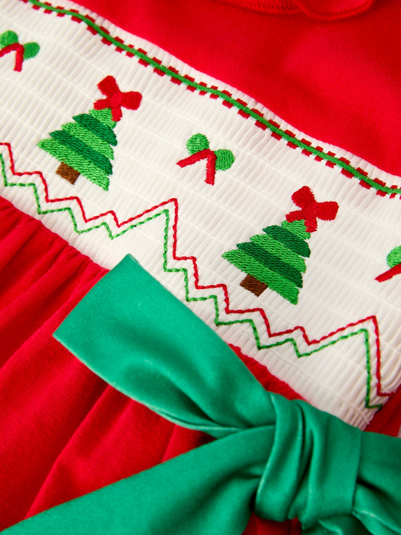 Christmas Smocked Dress with Green Bow and Tree Embroidery - 10