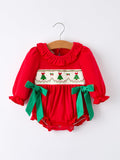 Christmas Smocked Girls Romper with Green Bow and Tree Embroidery - 6