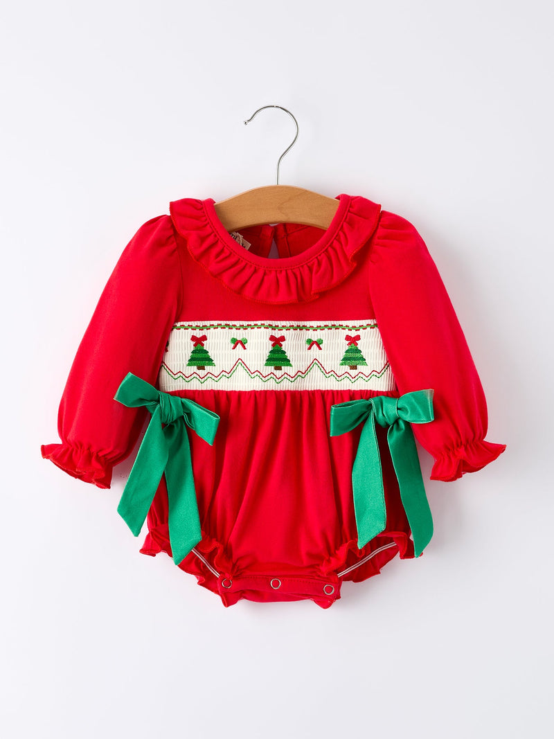 Christmas Smocked Girls Romper with Green Bow and Tree Embroidery - 6