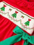 Christmas Smocked Girls Romper with Green Bow and Tree Embroidery - 8