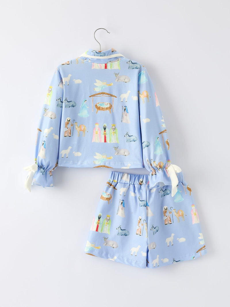 Blue Christmas Nativity Pattern Girls Pajamas Set - 7
