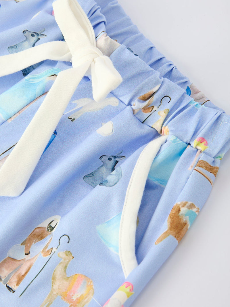 Blue Christmas Nativity Pattern Girls Pajamas Set - 8