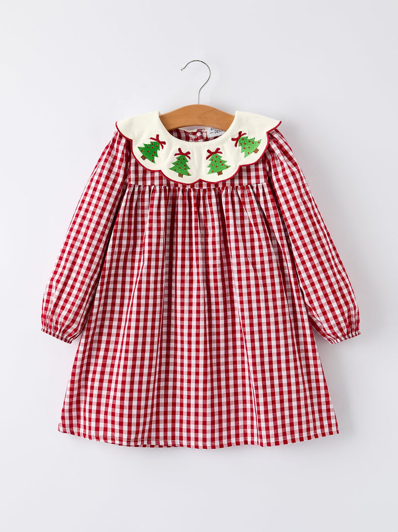 Christmas Embroidered Christmas Tree Plaid Girls Dress - 1