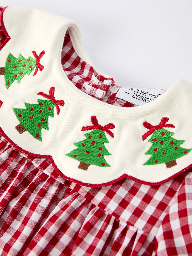 Christmas Embroidered Christmas Tree Plaid Girls Dress - 3