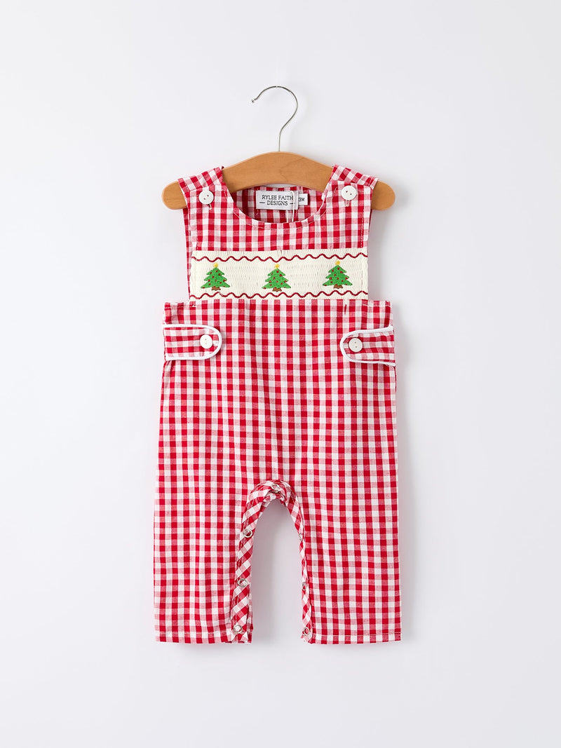 Christmas Smocking Embroidered Christmas Tree Plaid Plaid Baby Boy Romper - 1