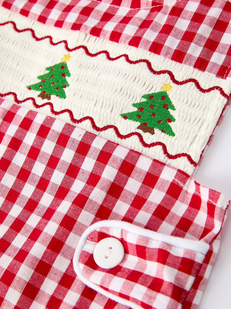 Christmas Smocking Embroidered Christmas Tree Plaid Plaid Baby Boy Romper - 4
